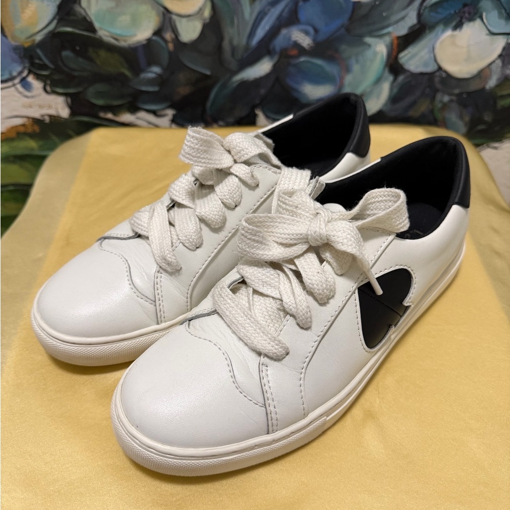 Kate Spade Fez Signature Leather Low Top Sneaker Optic White Black Size 7.5 - Picture 2 of 8